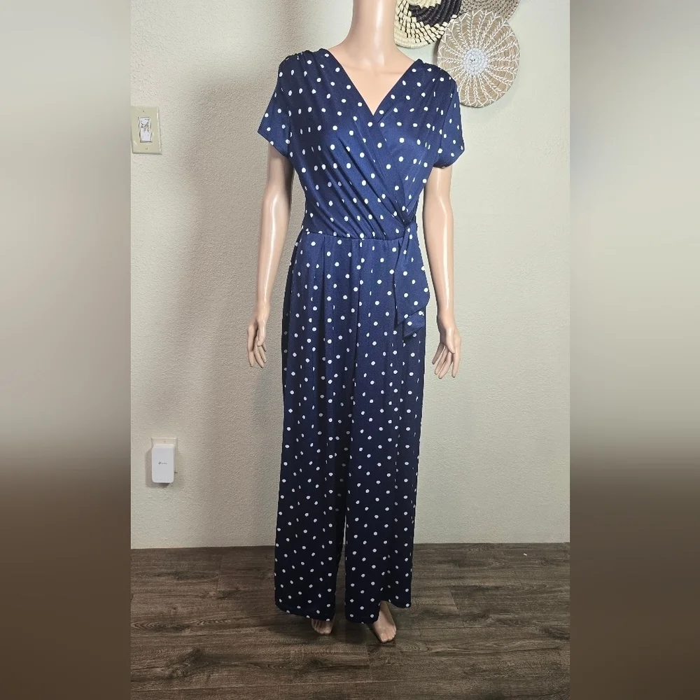 Shelby & Palmer Polka Dot Jumpsuit Women's Size Large Blue Wide Leg Fit & Flare